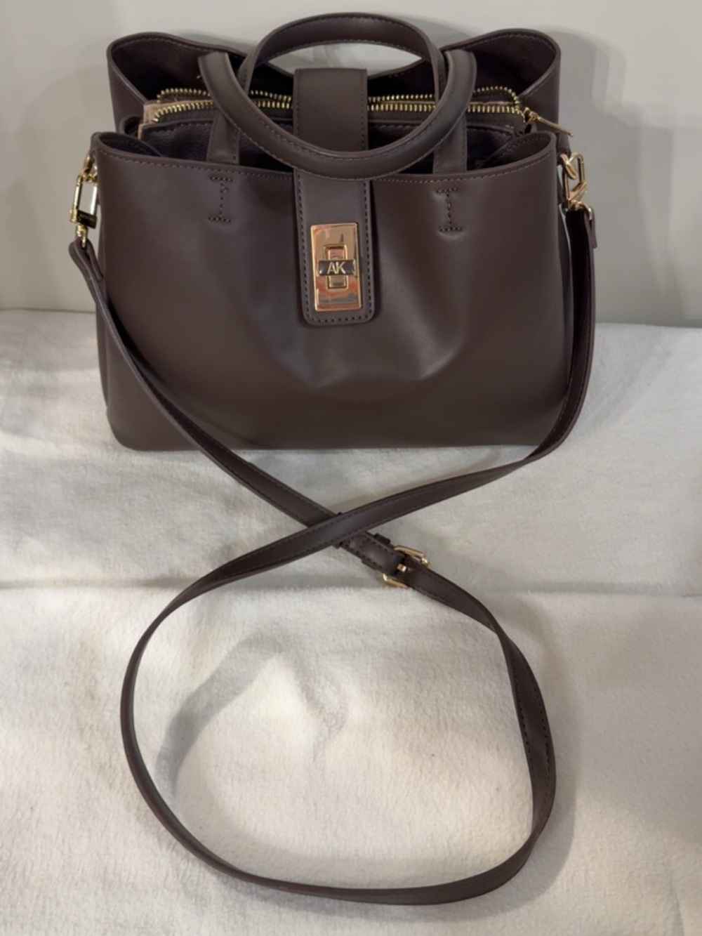 Anne Klein Dark Brown Leather Satchel with Gold Hardware and Floral Wallet